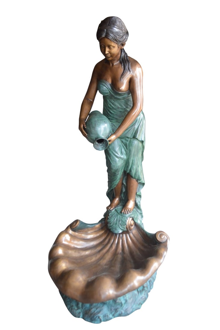 Girl Holding a Pot on Shell Fountain Bronze Statue - Size: 33"L x 30"W x 62"H.: Title:Girl Holding a Pot on Shell Fountain Bronze Statue - Size: 33"L x 30"W x 62"H. Description:Sculpted beautiful fountain of a topless girl holding a pot standing on a large bronze Sculpture. Water