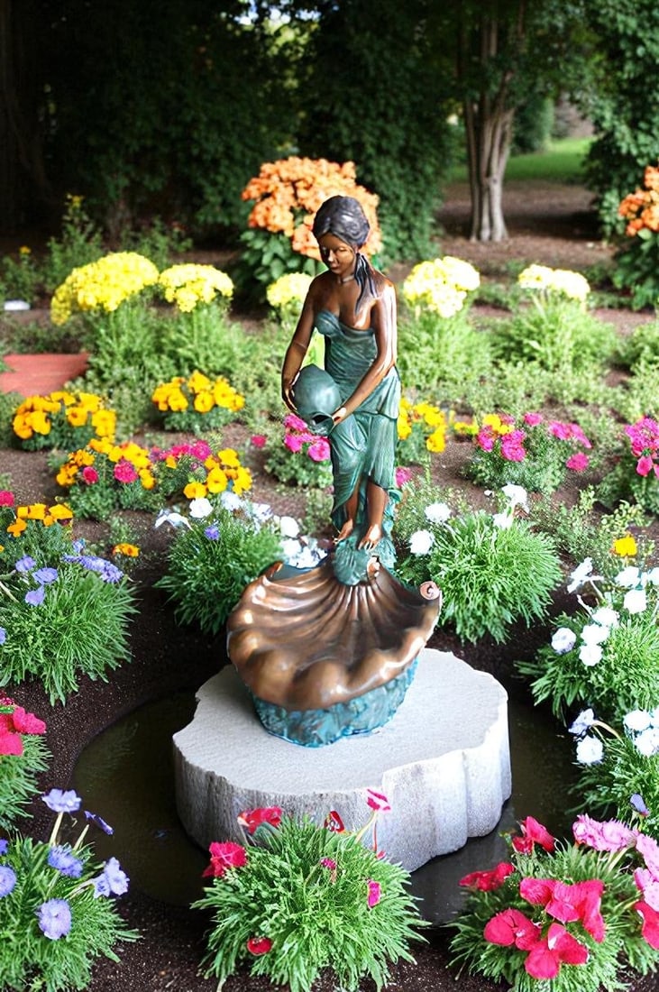 Girl Holding a Pot on Shell Fountain Bronze Statue - Size: 33"L x 30"W x 62"H. - 2