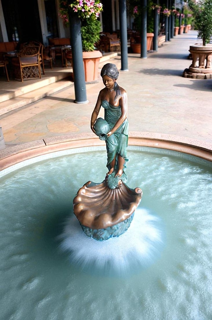 Girl Holding a Pot on Shell Fountain Bronze Statue - Size: 33"L x 30"W x 62"H. - 3