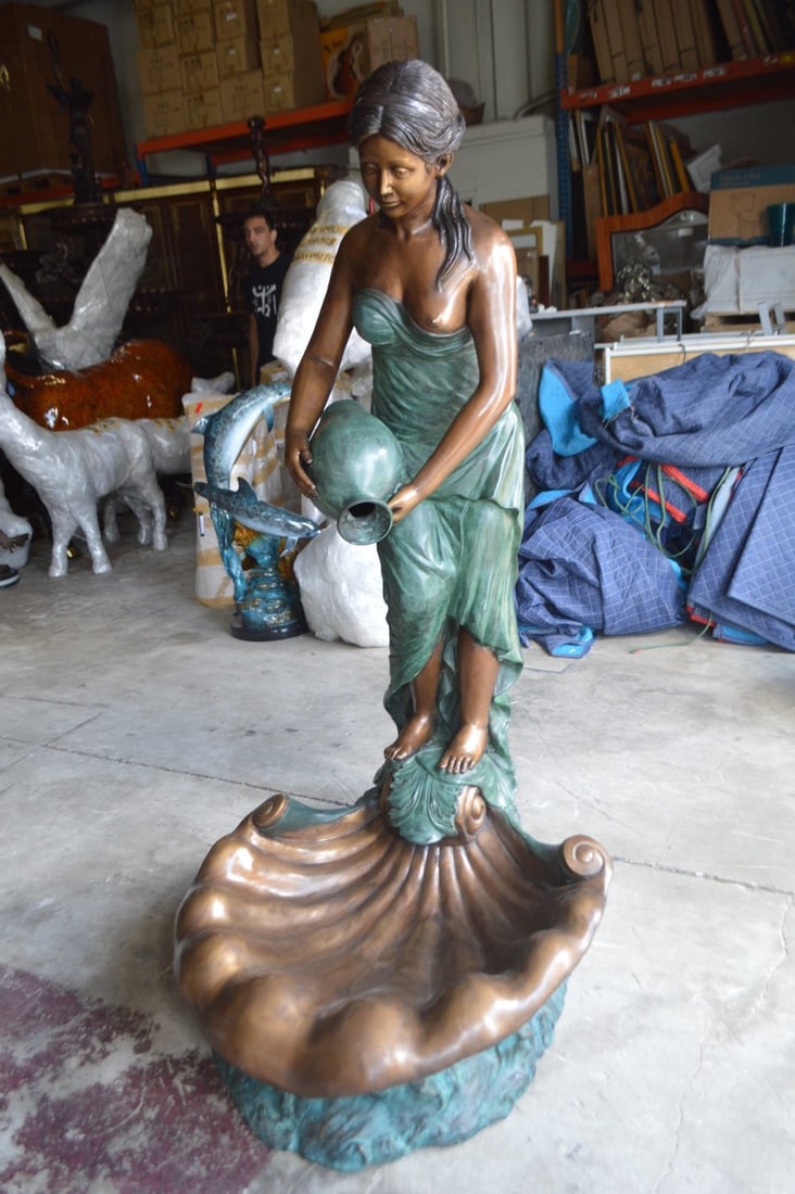 Girl Holding a Pot on Shell Fountain Bronze Statue - Size: 33"L x 30"W x 62"H. - 4