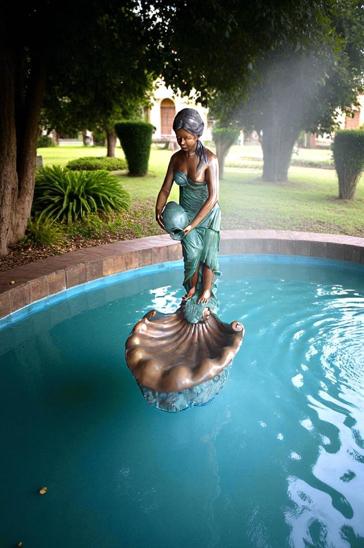 Girl Holding a Pot on Shell Fountain Bronze Statue - Size: 33"L x 30"W x 62"H. - 5