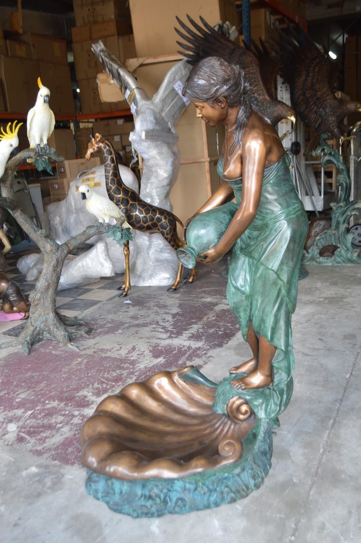 Girl Holding a Pot on Shell Fountain Bronze Statue - Size: 33"L x 30"W x 62"H. - 7