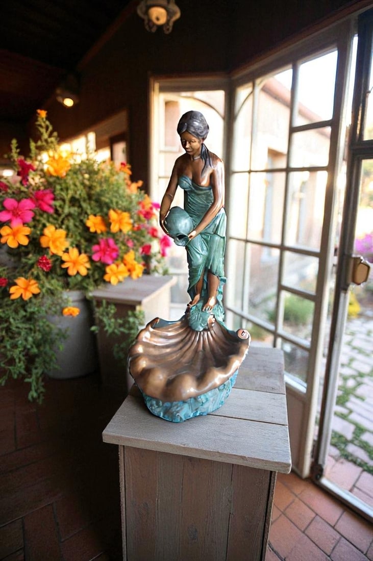 Girl Holding a Pot on Shell Fountain Bronze Statue - Size: 33"L x 30"W x 62"H. - 8
