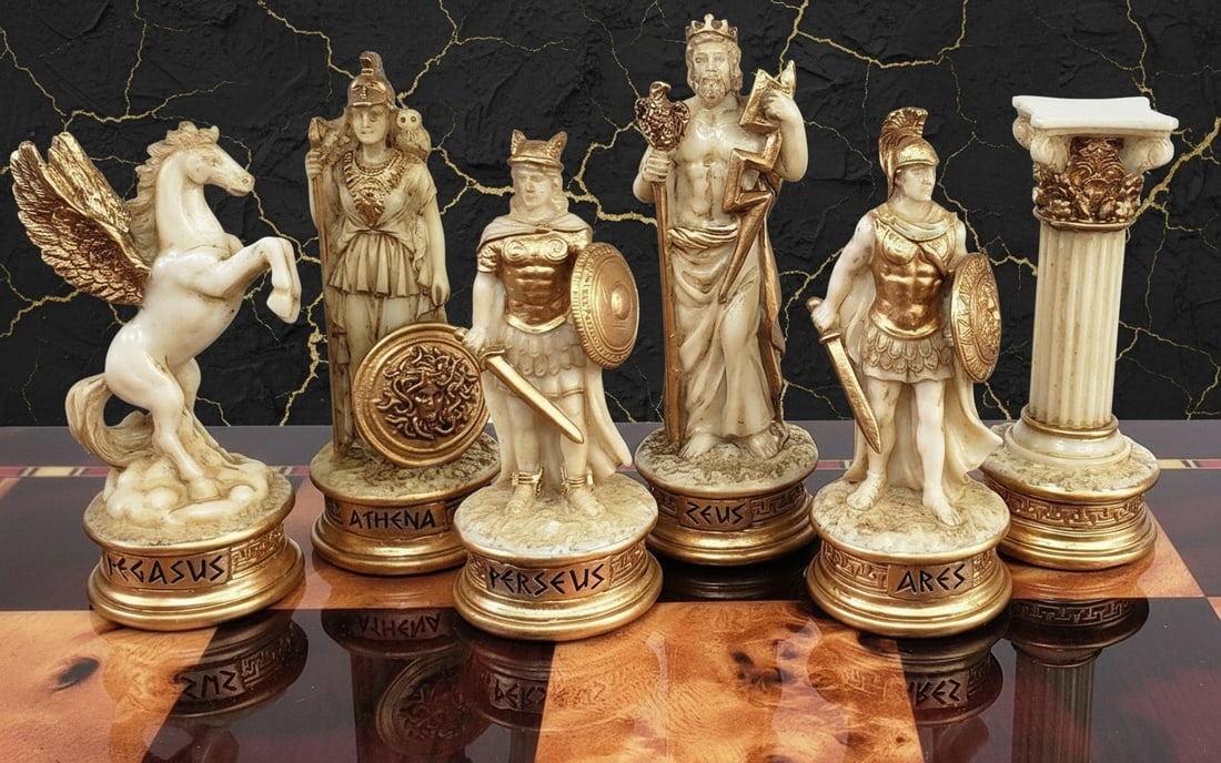 Mythological Olympian Chess Set Antique White Figures 18in Cherry Board - 3