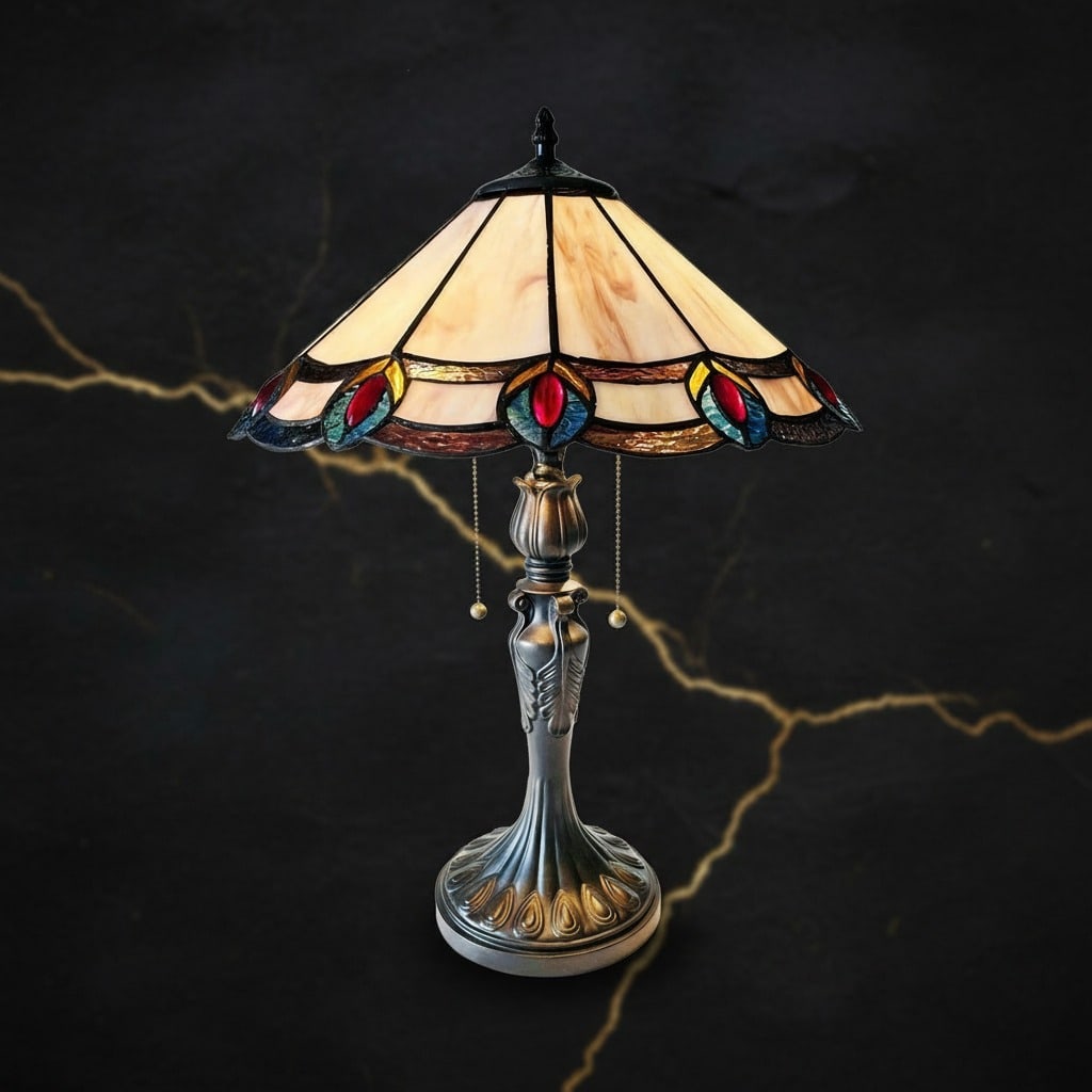 23.5in Art Nouveau Stained Glass Peacock Desk Lamp Multicolored Light: Title:23.5in Art Nouveau Stained Glass Peacock Desk Lamp Multicolored Light Description:This reproduction Tiffany-style mosaic table lamp features an intricate peacock-inspired design. Inspired by ear