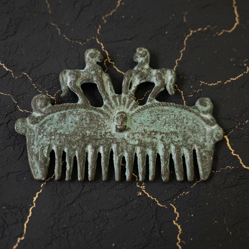 Antique Brass Tone Grecian Equine Motif Decorative Hair Accessory: Title:Antique Brass Tone Grecian Equine Motif Decorative Hair Accessory Description:This vintage-style hair comb features an elegant Roman horse motif, crafted with intricate metal detailing and a uni