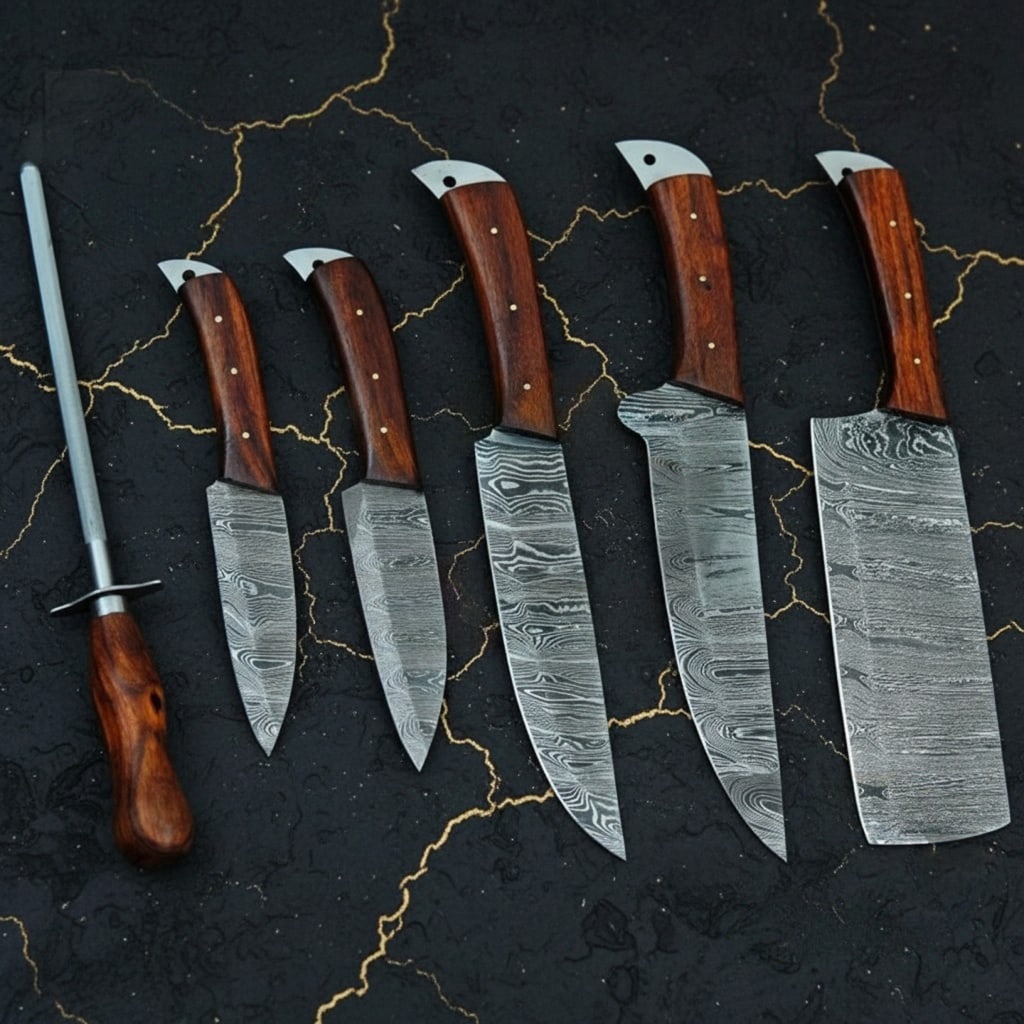 6pc Damascus Steel Chef Knife Set Handmade Kitchen Cutlery With Sheaths (1 of 5)
