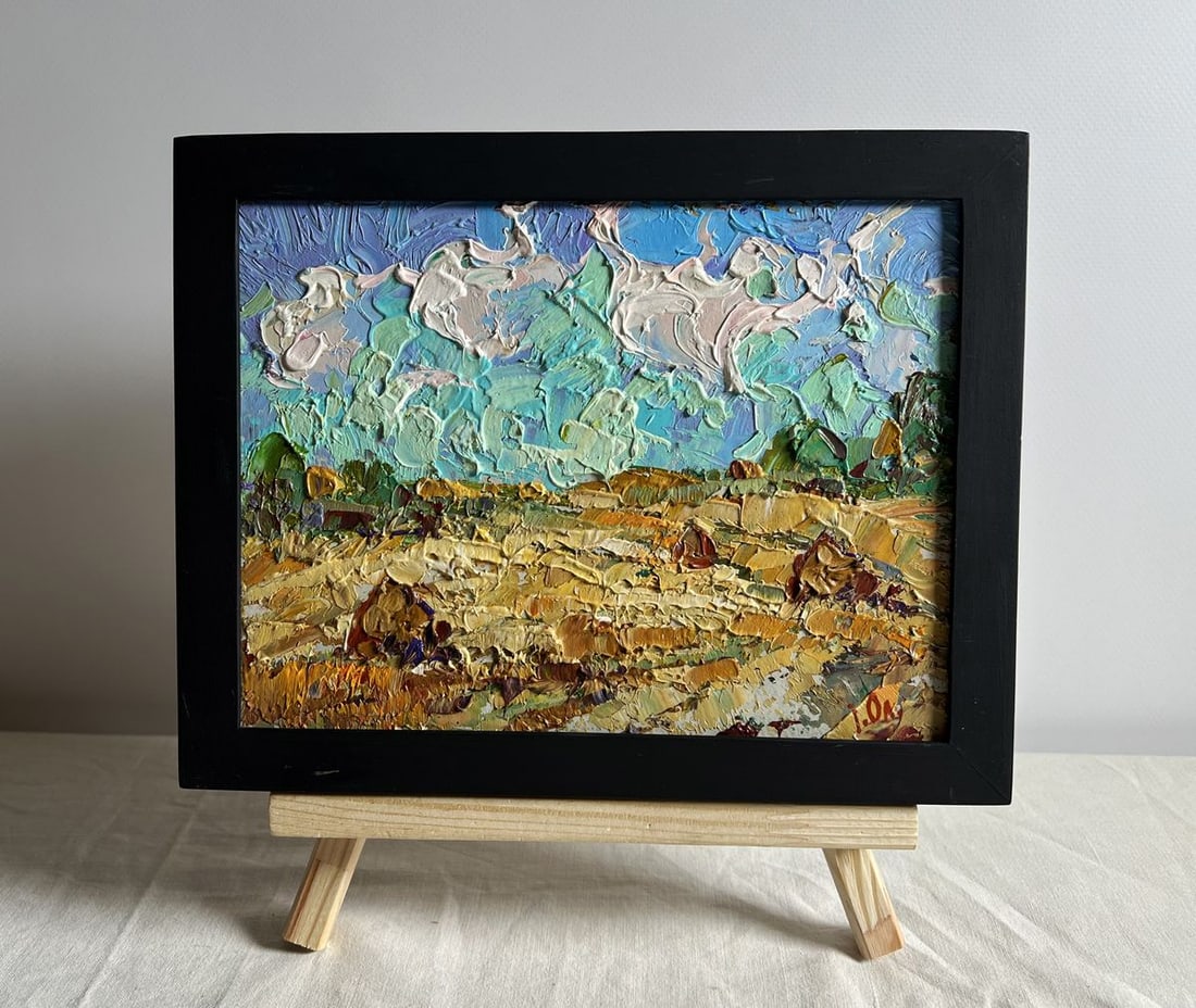 Oil painting White clouds over the field Alex Kalenyuk: Title: Oil painting White clouds over the field Alex Kalenyuk Description: NoAAA3978 This oil painting cardboard, titled "White clouds over the field", the artist employs an impasto technique, using t