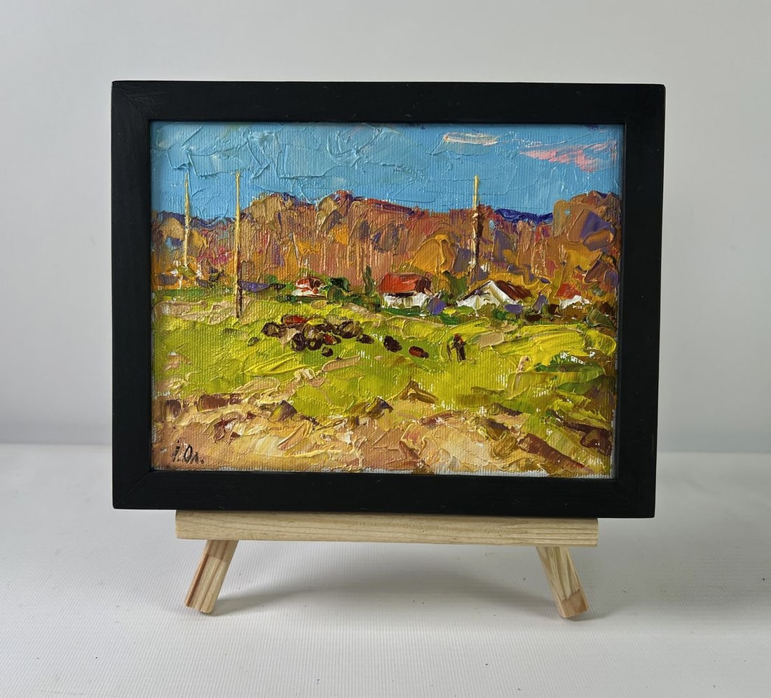 Oil painting Sunny day outside the village Alex Kalenyuk: Title: Oil painting Sunny day outside the village Alex Kalenyuk Description: NoAAA5261 The oil painting on Canvas titled "Sunny Day Outside the Village" invites viewers into a radiant pastoral scene,