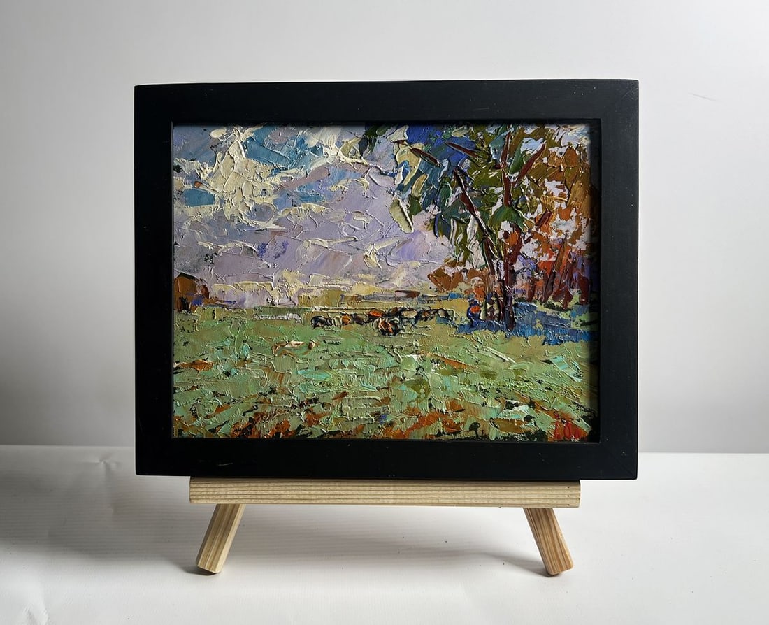 Oil painting Shepherd in the field Alex Kalenyuk: Title: Oil painting Shepherd in the field Alex Kalenyuk Description: NoAAA4101 This oil painting cardboard, titled "Shepherd in the field", the brushstrokes are thick and expressive, capturing the raw