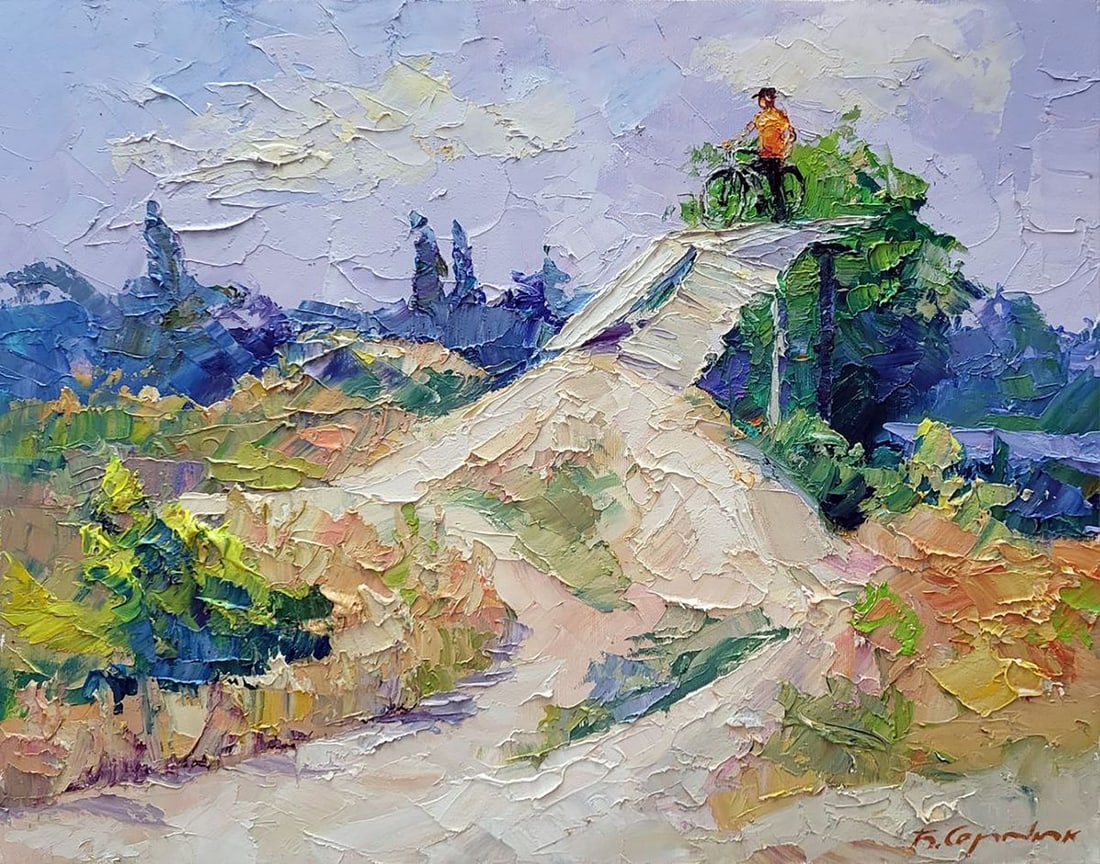 Oil painting Enduro Serdyuk Boris Petrovich: Title: Oil painting Enduro Serdyuk Boris Petrovich Description: NoSERB 908 "Enduro" is an evocative oil painting that captures the essence of a serene yet rugged landscape in the heart of summer. The