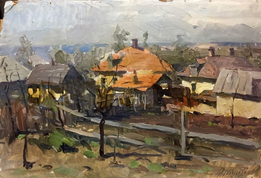 Oil painting Village by the river: Title: Oil painting Village by the river Description: NoVern 61 *** ABOUT THIS PAINTING *** * TITLE: "Village by the river" * SIZE: 35x50 cm/'13.77x19.68 inches' * MEDIUM: oil, cardboard * HAND