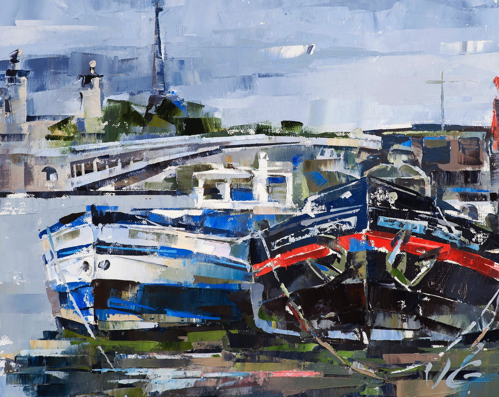 Oil painting Boats and bridge Volodymyr Gluhomanyuk: Title: Oil painting Boats and bridge Volodymyr Gluhomanyuk Description: 27GLUX Painter: Volodymyr Gluhomanyuk Size: 40x50 cm/15.74x19.68 inches Components: oil, canvas Original painting - series Barge