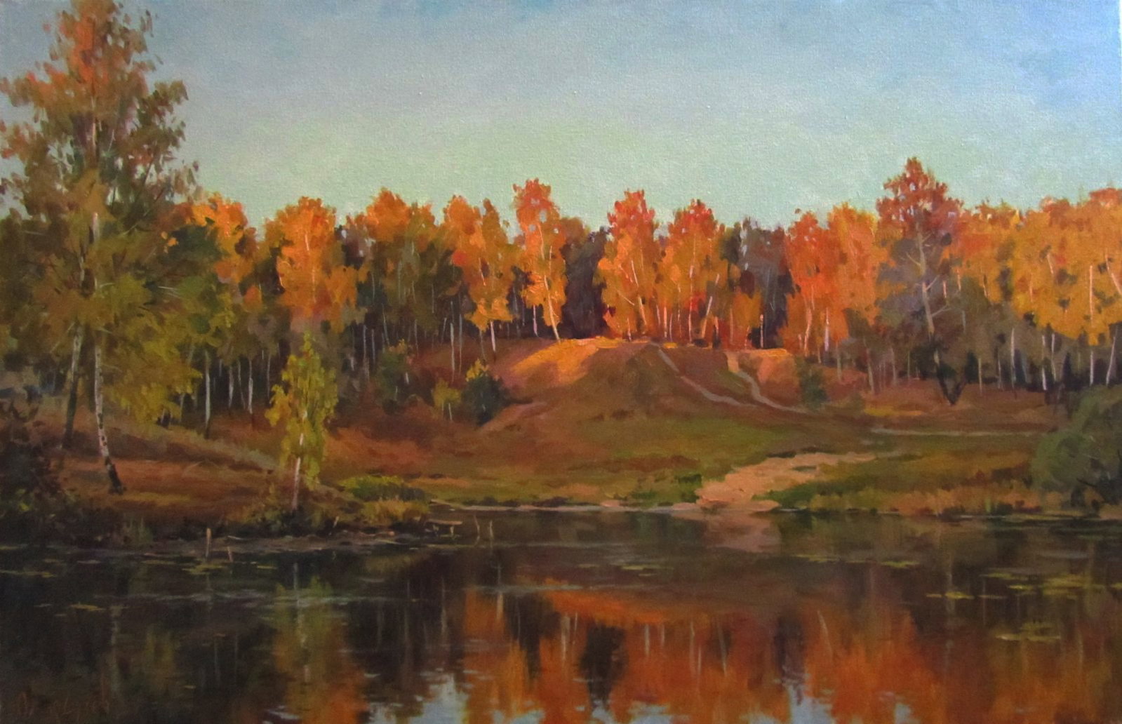 Oil painting Autumn river shore Alexander Guzev: Title: Oil painting Autumn river shore Alexander Guzev Description: 2GUZ Painter: Alexander Guzev Size: 40x60 cm/15.74x23.62 inches Components: oil, canvas Original painting CONDITION: excellent