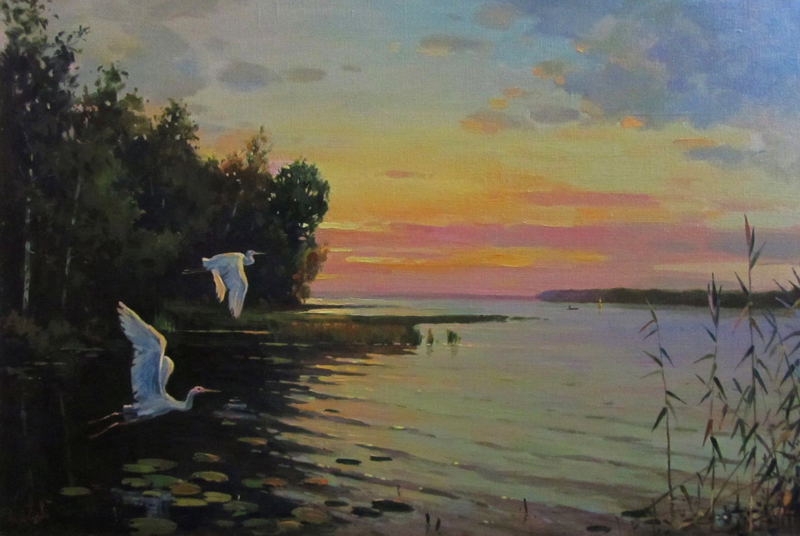 Oil painting Yellow sunset over the river Alexander Guzev: Title: Oil painting Yellow sunset over the river Alexander Guzev Description: 15GUZ Painter: Alexander Guzev Size: 40x60 cm/15.74x23.62 inches Components: oil, canvas Original painting CONDITION: