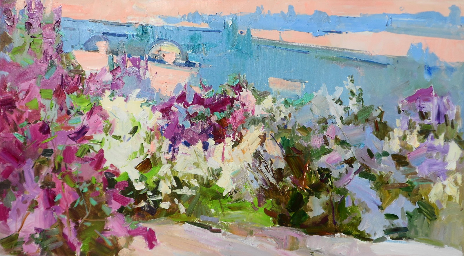 Oil painting Lilac Garden Near the Bridge Yegor Dulin: Title: Oil painting Lilac Garden Near the Bridge Yegor Dulin Description: 8DUL Painter: Yegor Dulin Size: 45x80 cm/17.71x31.49 inches Components: oil, canvas Original painting CONDITION: excellent