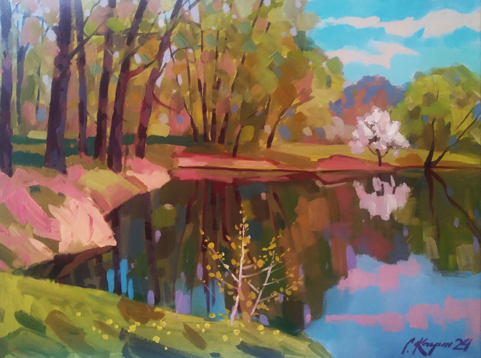 Acrylic painting Spring River Serhii Kachyn: Title: Acrylic painting Spring River Serhii Kachyn Description: 7KACH Painter: Serhii Kachyn Size: 45x60 cm/17.71x23.62 inches Components: acrylic, canvas Original painting CONDITION: excellent