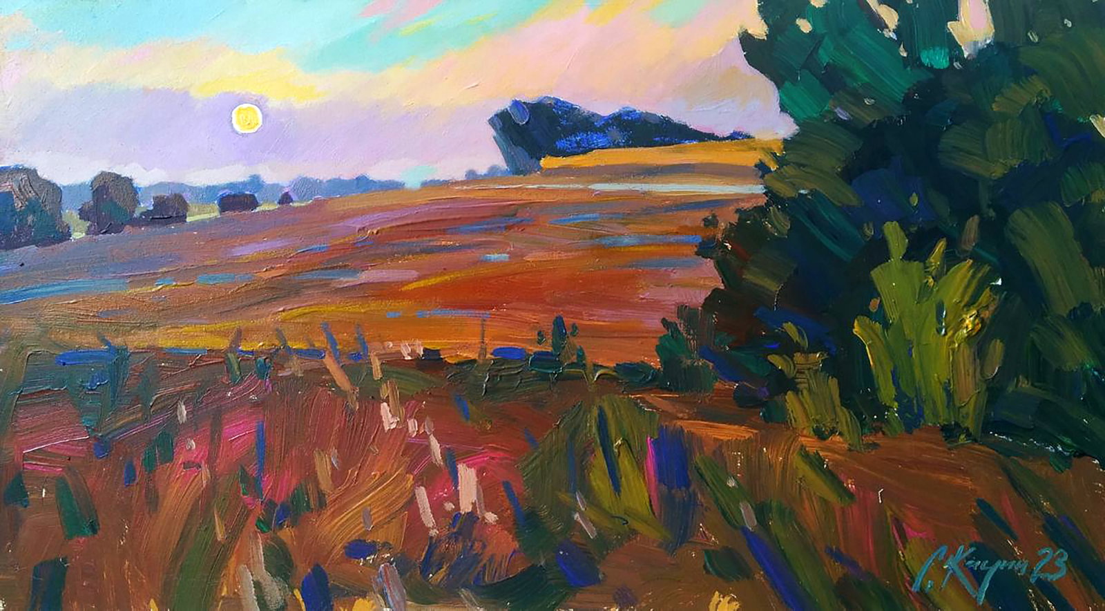 Acrylic painting Sunset in the field Serhii Kachyn: Title: Acrylic painting Sunset in the field Serhii Kachyn Description: 13KACH Painter: Serhii Kachyn Size: 50x90 cm/19.68x35.43 inches Components: acrylic, canvas Original painting CONDITION: