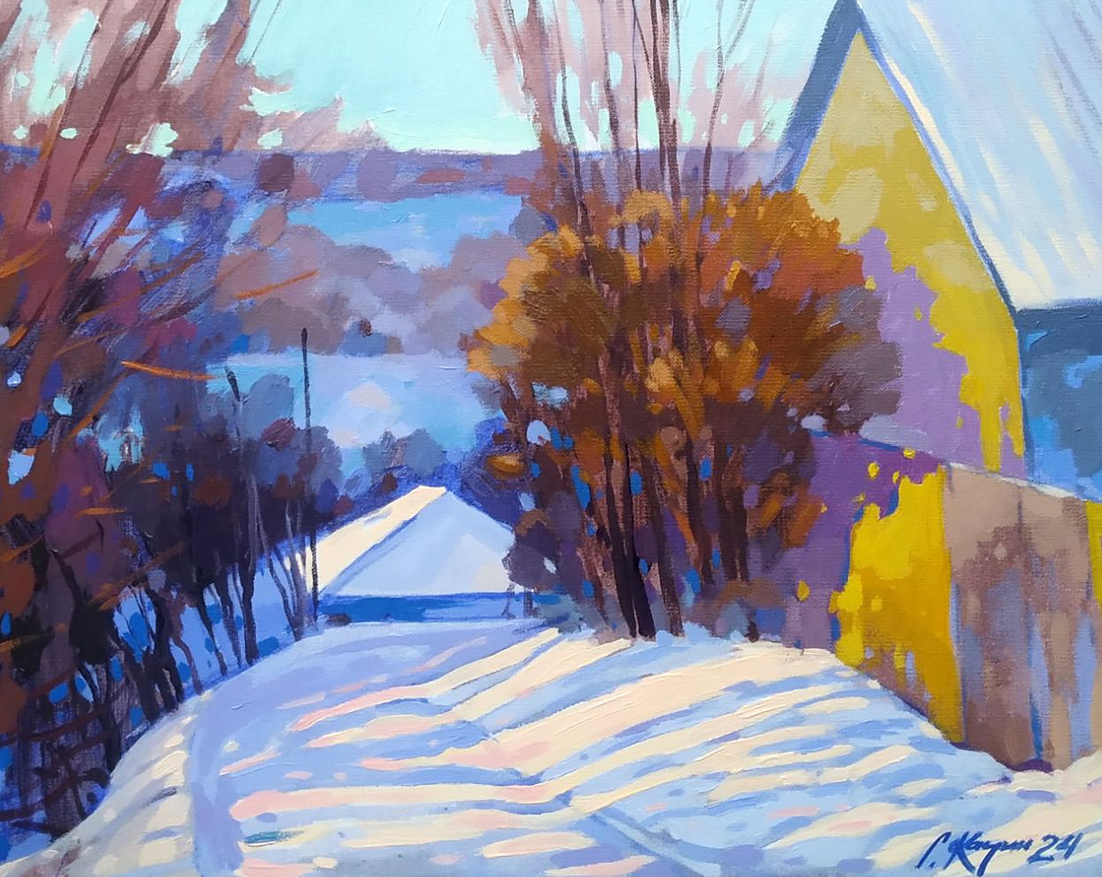 Acrylic painting Winter city romance Serhii Kachyn: Title: Acrylic painting Winter city romance Serhii Kachyn Description: 14KACH Painter: Serhii Kachyn Size: 40x50 cm/15.74x19.68 inches Components: acrylic, canvas Original painting CONDITION: