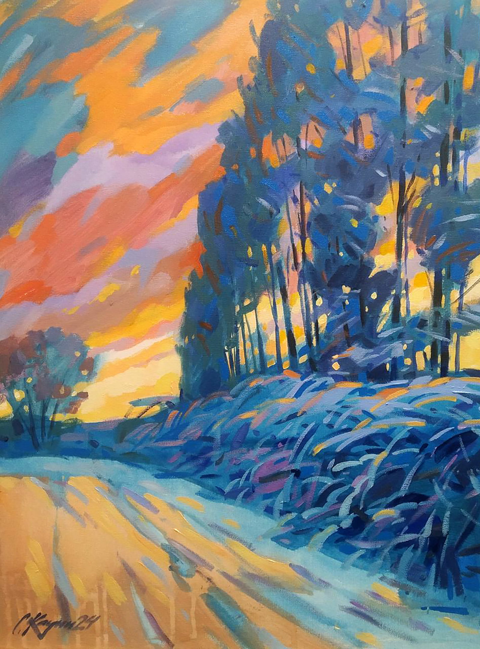 Acrylic painting Winter sunset Serhii Kachyn: Title: Acrylic painting Winter sunset Serhii Kachyn Description: 15KACH Painter: Serhii Kachyn Size: 60x45 cm/23.62x17.71 inches Components: acrylic, canvas Original painting CONDITION: excellent