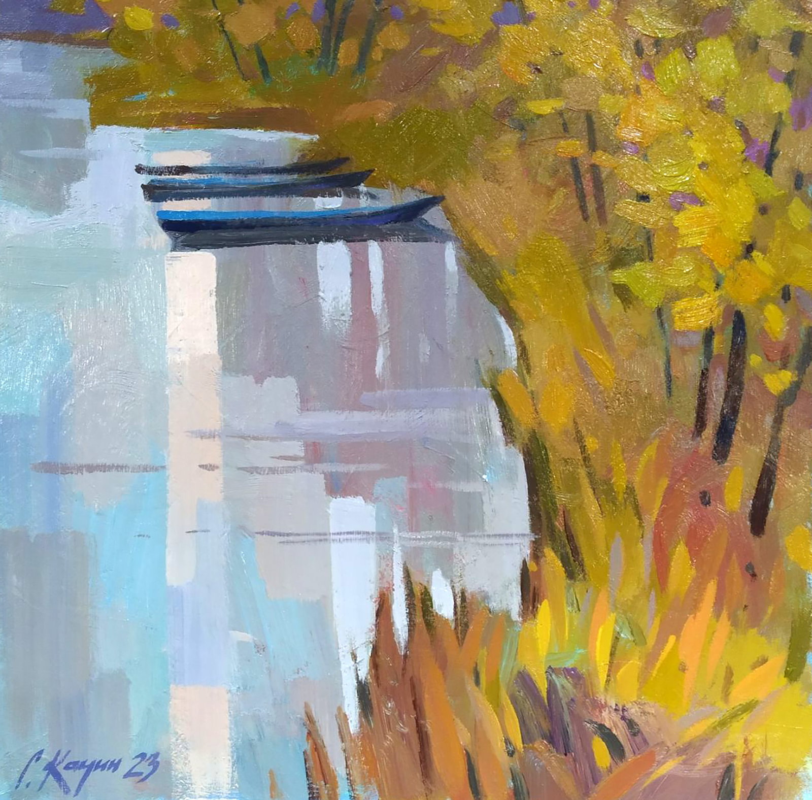 Acrylic painting Boats on the shore Serhii Kachyn: Title: Acrylic painting Boats on the shore Serhii Kachyn Description: 20KACH Painter: Serhii Kachyn Size: 50x50 cm/19.68x19.68 inches Components: acrylic, canvas Original painting CONDITION:
