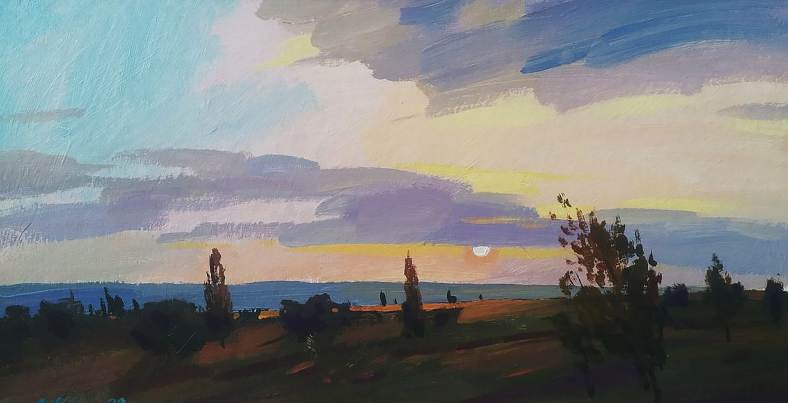 Acrylic painting On the Sunset Serhii Kachyn: Title: Acrylic painting On the Sunset Serhii Kachyn Description: 24KACH Painter: Serhii Kachyn Size: 36x66 cm/14.17x25.98 inches Components: acrylic, cardboard Original painting CONDITION: excellent A