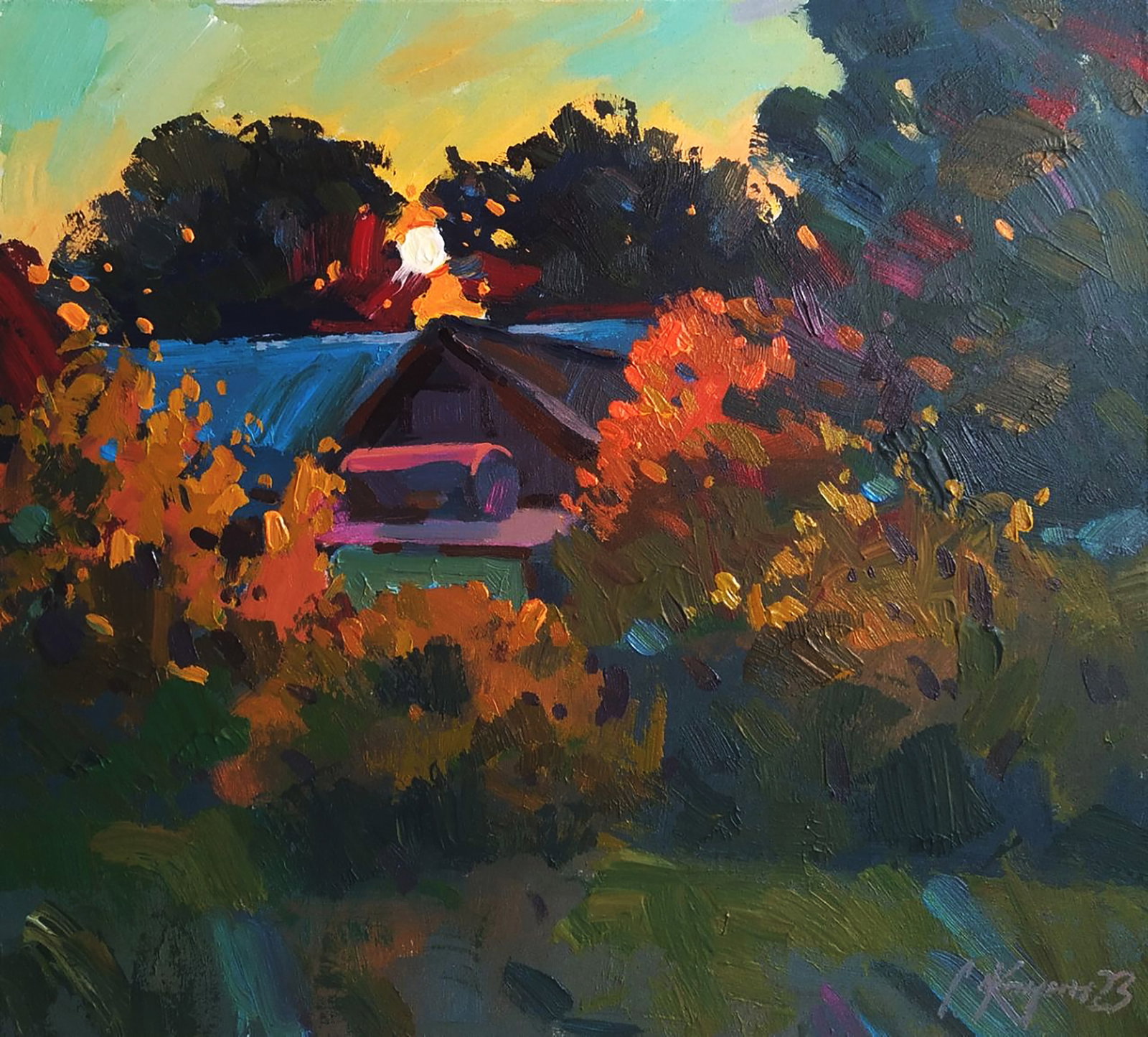 Acrylic painting Sunset behind the trees Serhii Kachyn: Title: Acrylic painting Sunset behind the trees Serhii Kachyn Description: 25KACH Painter: Serhii Kachyn Size: 50x55 cm/19.68x21.65 inches Components: acrylic, canvas Original painting CONDITION: