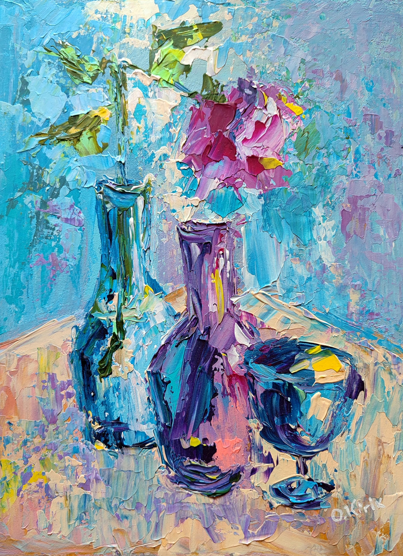 Acrylic painting Glass and rose Olena Kirik: Title: Acrylic painting Glass and rose Olena Kirik Description: 4KIRIK Painter: Olena Kirik Size: 40x30 cm/15.74x11.81 inches Components: acrylic, dvp Original painting CONDITION: excellent ARTIST: Ol