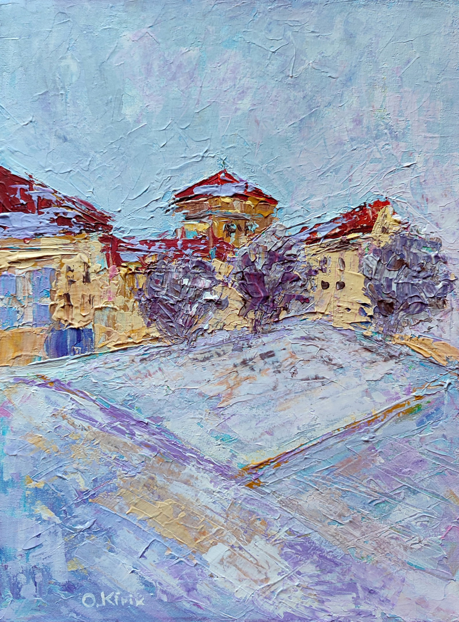 Acrylic painting The city is covered in snow Olena Kirik: Title: Acrylic painting The city is covered in snow Olena Kirik Description: 7KIRIK Painter: Olena Kirik Size: 40x30 cm/15.74x11.81 inches Components: acrylic, canvas Original painting CONDITION: exce