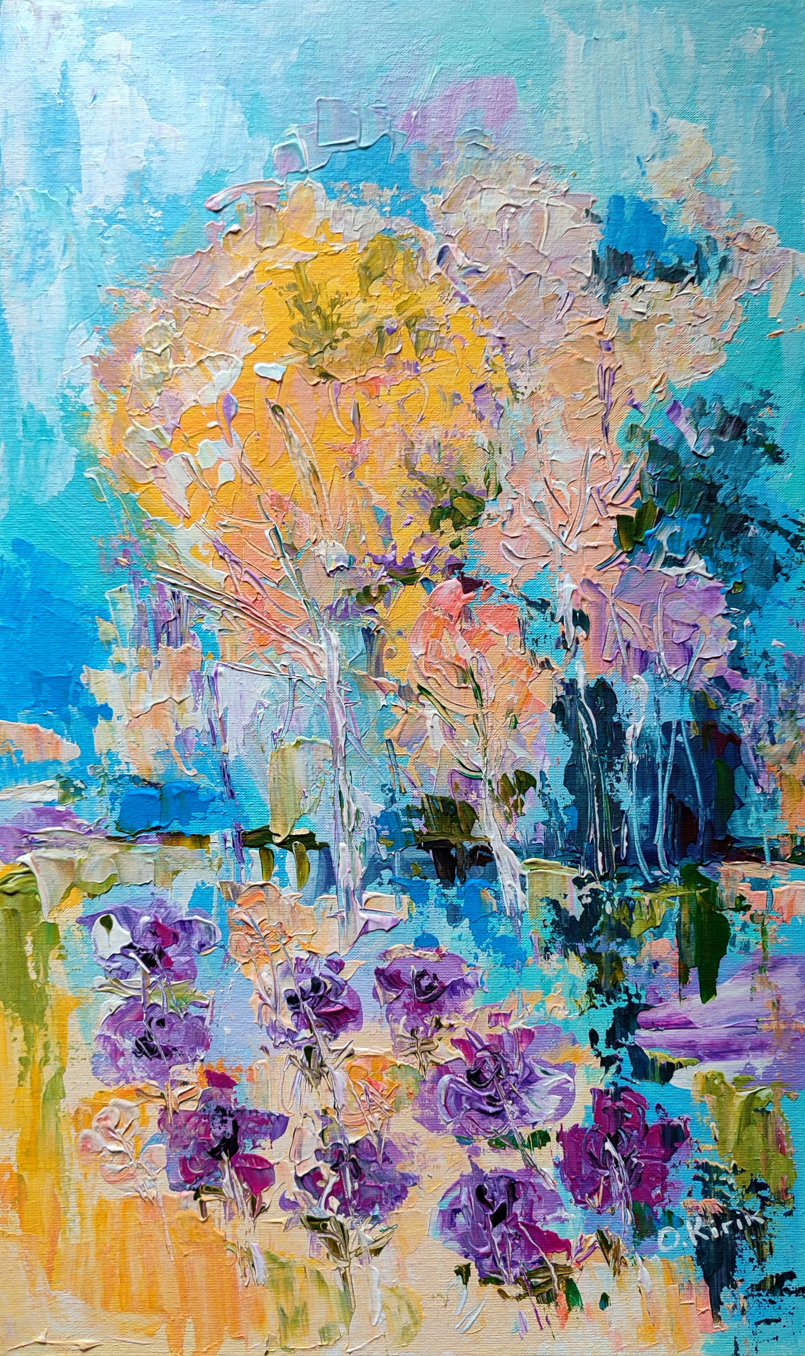 Acrylic painting Spring Olena Kirik: Title: Acrylic painting Spring Olena Kirik Description: 11KIRIK Painter: Olena Kirik Size: 50x30 cm/19.68x11.81 inches Components: acrylic, canvas on cardboard Original painting CONDITION: excellent