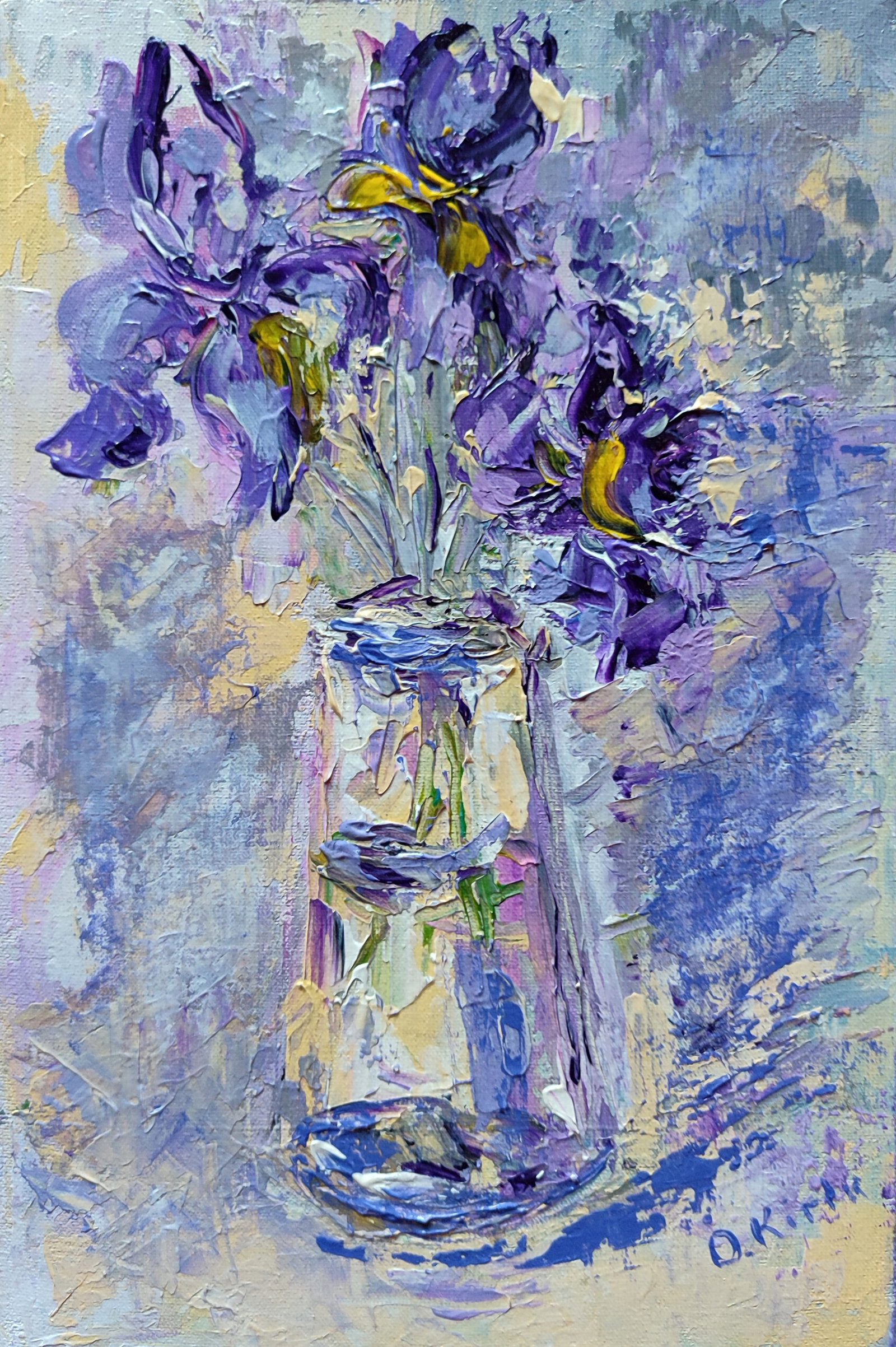 Acrylic painting Irises Olena Kirik: Title: Acrylic painting Irises Olena Kirik Description: 18KIRIK Painter: Olena Kirik Size: 30x20 cm/11.81x7.87 inches Components: acrylic, canvas Original painting CONDITION: excellent ARTIST: Olena K