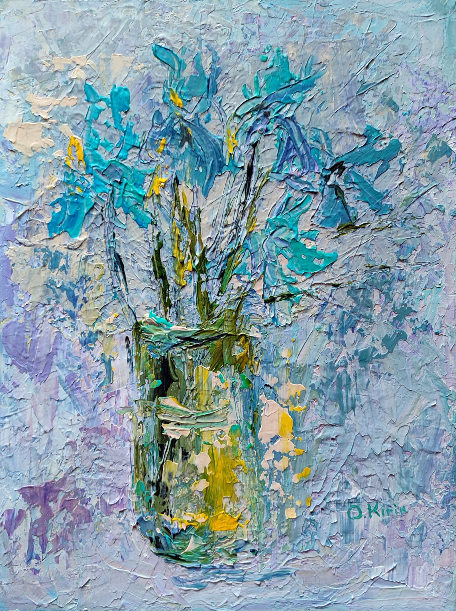 Acrylic painting Irises in a vase Olena Kirik: Title: Acrylic painting Irises in a vase Olena Kirik Description: 19KIRIK Painter: Olena Kirik Size: 40x30 cm/15.74x11.81 inches Components: acrylic, canvas Original painting CONDITION: excellent