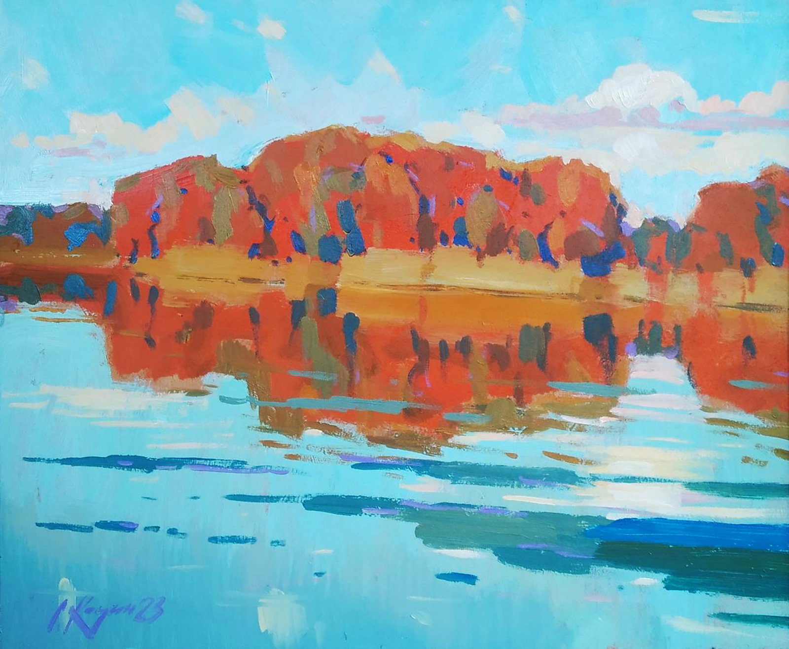 Acrylic painting Autumn by the river Serhii Kachyn: Title: Acrylic painting Autumn by the river Serhii Kachyn Description: 32KACH Painter: Serhii Kachyn Size: 50x60 cm/19.68x23.62 inches Components: acrylic, dvp Original painting CONDITION: excellent