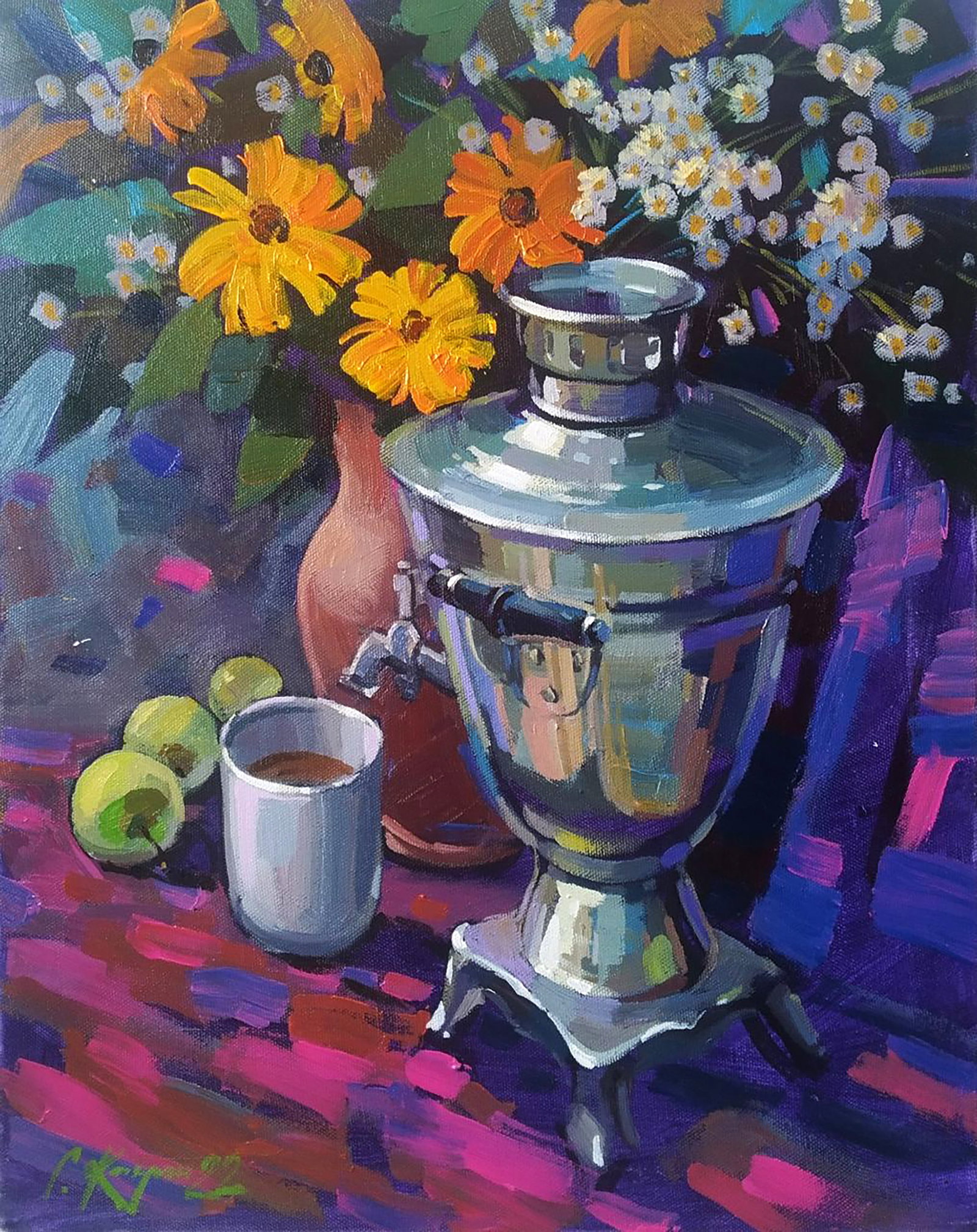 Acrylic painting Flower tea Serhii Kachyn: Title: Acrylic painting Flower tea Serhii Kachyn Description: 50KACH Painter: Serhii Kachyn Size: 70x55 cm/27.55x21.65 inches Components: acrylic, canvas Original painting CONDITION: excellent