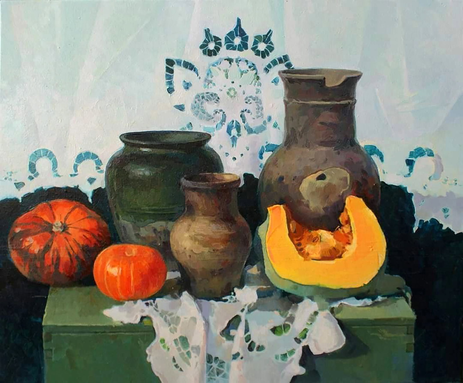 Oil painting Still life with pumpkins Anastasia Yaroshevich: Title: Oil painting Still life with pumpkins Anastasia Yaroshevich Description: 24YARO Painter: Anastasia Yaroshevich Size: 50x60 cm/19.68x23.62 inches Components: oil, canvas Original painting
