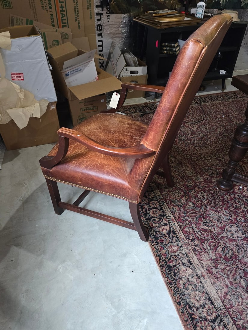 Traditional Style Leather and Wood Armchair - 4