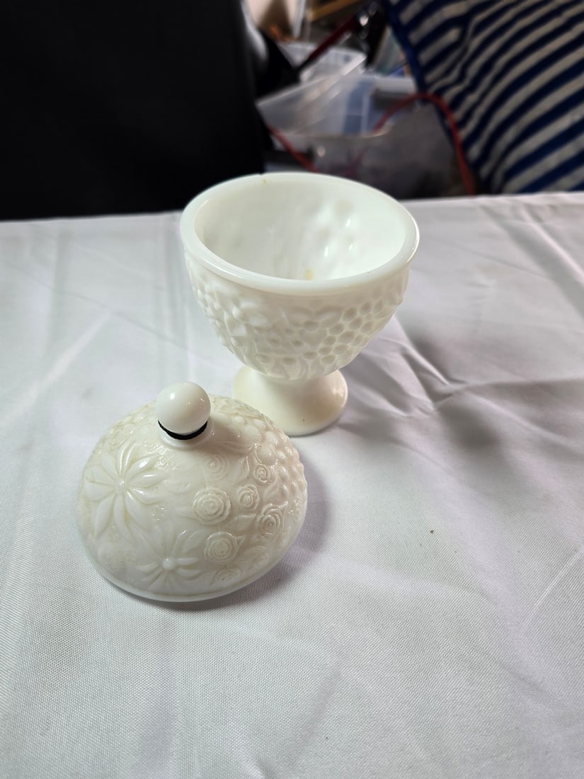 Three Decorative Ceramic and Milk Glass Tabletop Items - 6
