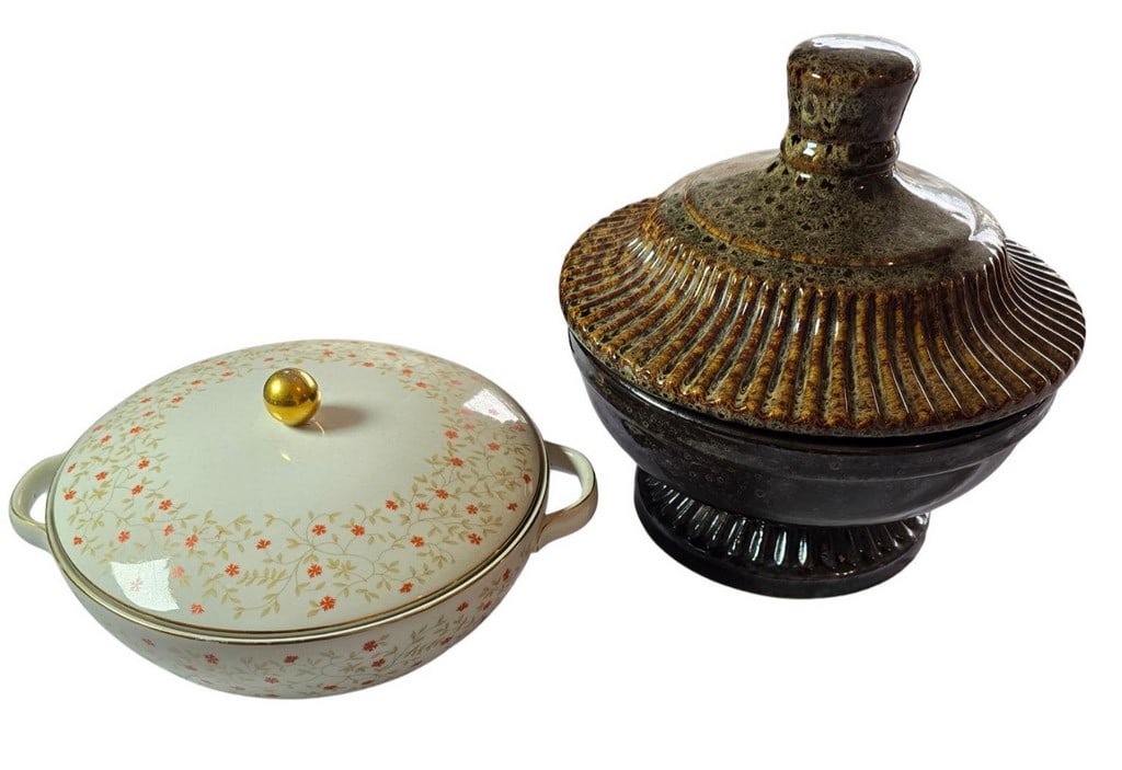 Two Decorative Covered Bowls: This lot features two distinctive covered bowls. The first is a mid-century modern ceramic bowl, possibly Scandinavian, with a textured, ridged lid in a glossy brown and beige glaze, reminiscent of