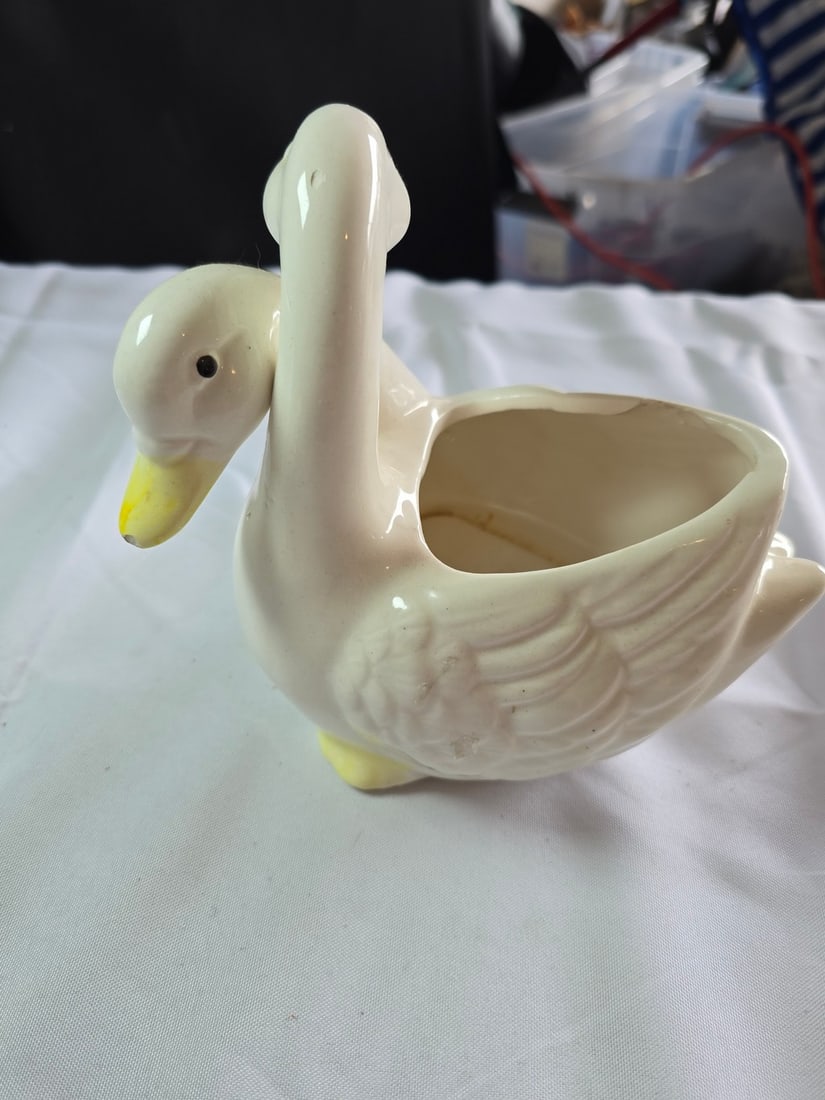 Carved Wood Gazelle, Ceramic Geese Planter, and Sitting Dog Figurine - 6
