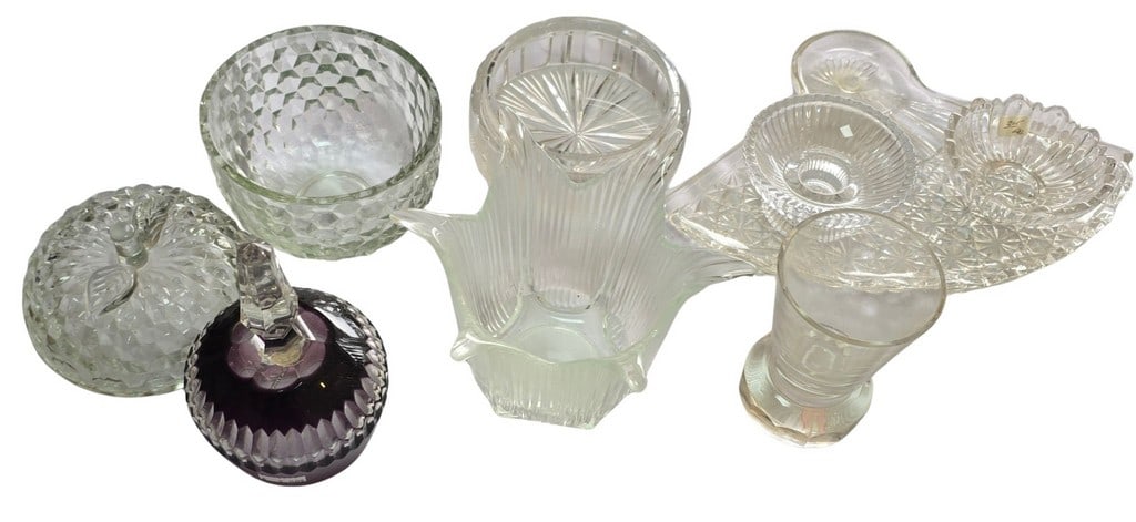 Collection of Assorted Pressed and Cut Glassware: This lot features a diverse collection of pressed and cut glass items, perfect for decorative use or as additions to an existing glassware collection. Included are a fan-shaped serving dish with a