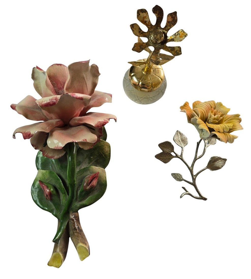 Three Decorative Floral Items including a Capodimonte-style Rose, a Metal Flower Brooch, and a Gl...: Three Decorative Floral Items including a Capodimonte-style Rose, a Metal Flower Brooch, and a Glass and Metal Perfume Atomizer. This lot features three distinct floral-themed decorative items. The fi