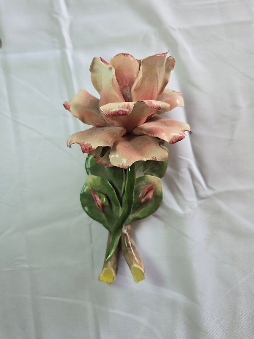 Three Decorative Floral Items including a Capodimonte-style Rose, a Metal Flower Brooch, and a Gl... - 2