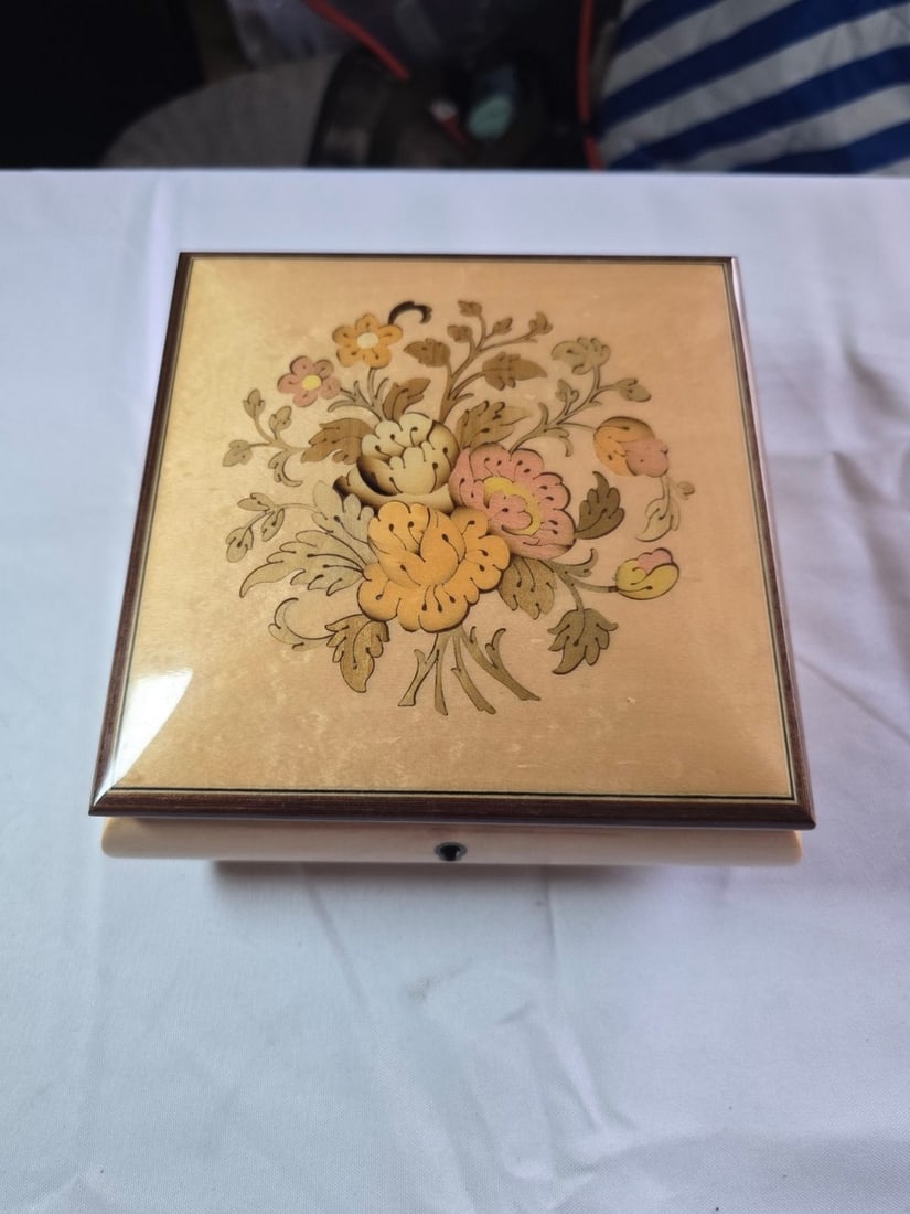Inlaid Wooden Music Box with Assorted Jewelry - 2