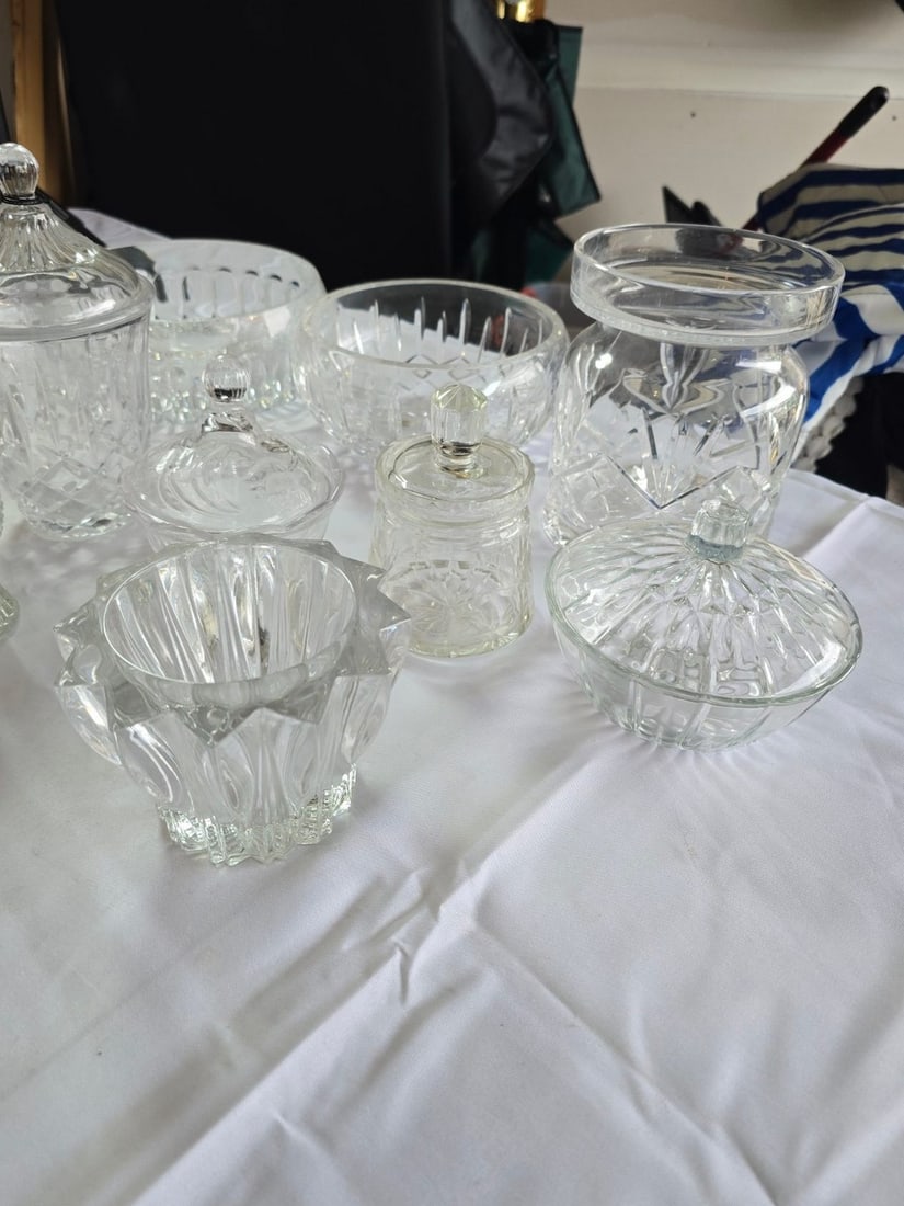 Collection of 11 Cut and Pressed Glass Serving Dishes and Jars - 4