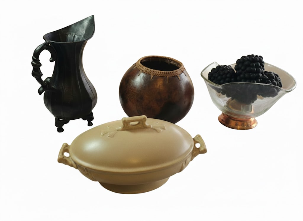 Diverse Collection of Decorative Items: Ewer, Gourd Pot, Covered Casserole Dish, and Glass Compot...: Diverse Collection of Decorative Items: Ewer, Gourd Pot, Covered Casserole Dish, and Glass Compote Bowl. This lot presents a diverse collection of decorative items, each offering unique aesthetic and