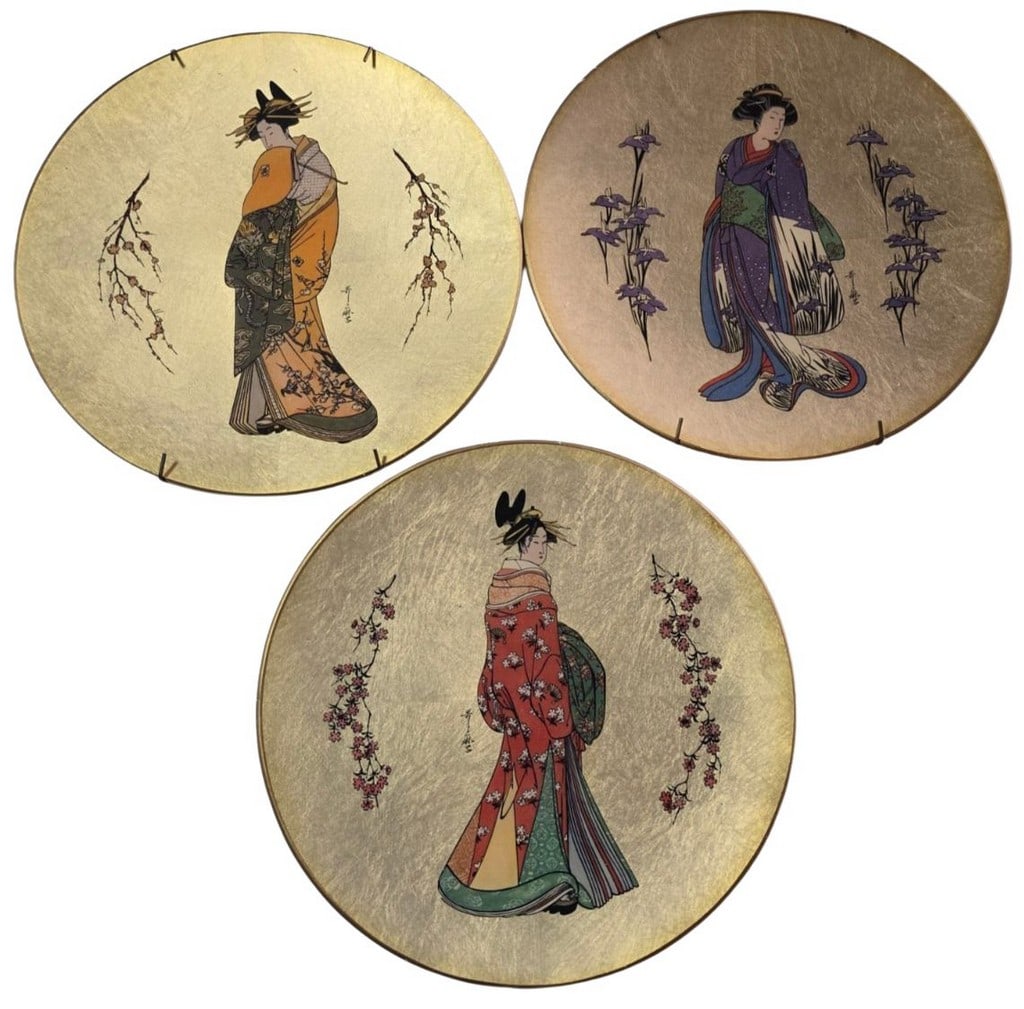 Set of Three (3) Japanese Decorative Plates, "Golden Plates of the Noble Flower Maidens": A set of three decorative plates from the "Golden Plates of the Noble Flower Maidens" series, handcrafted for the House of Kato Giyaman, Japan, dated 1981. Each circular plate features a central