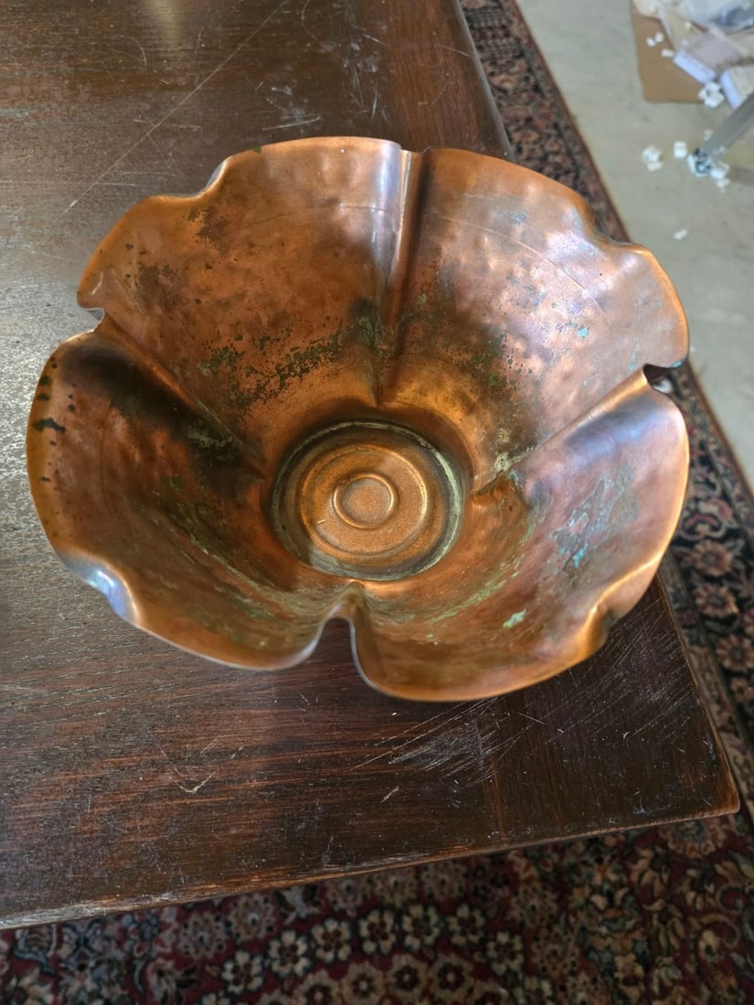 Three Pieces of Vintage Metal Decor: Copper Coal Scuttle, Brass Bowl, and Florentine Copper Bowl - 3
