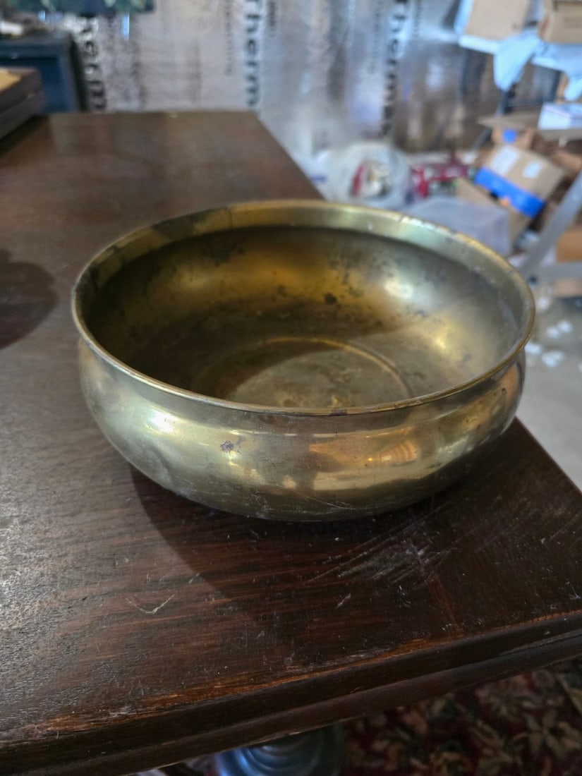 Three Pieces of Vintage Metal Decor: Copper Coal Scuttle, Brass Bowl, and Florentine Copper Bowl - 5