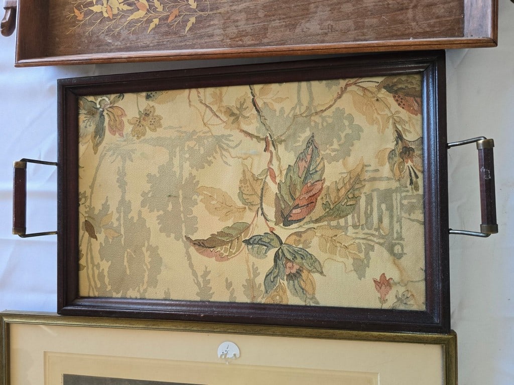 Three Decorative Trays, including a Framed Print, a Textile Tray, and an Inlaid Wood Tray - 3