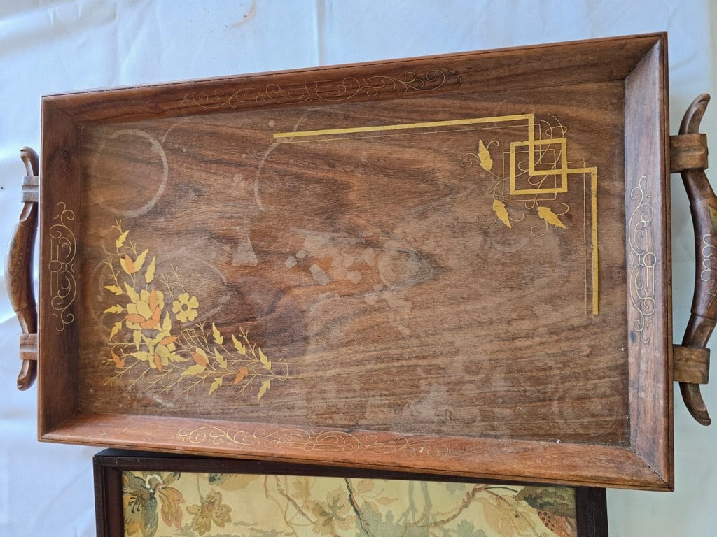 Three Decorative Trays, including a Framed Print, a Textile Tray, and an Inlaid Wood Tray - 4